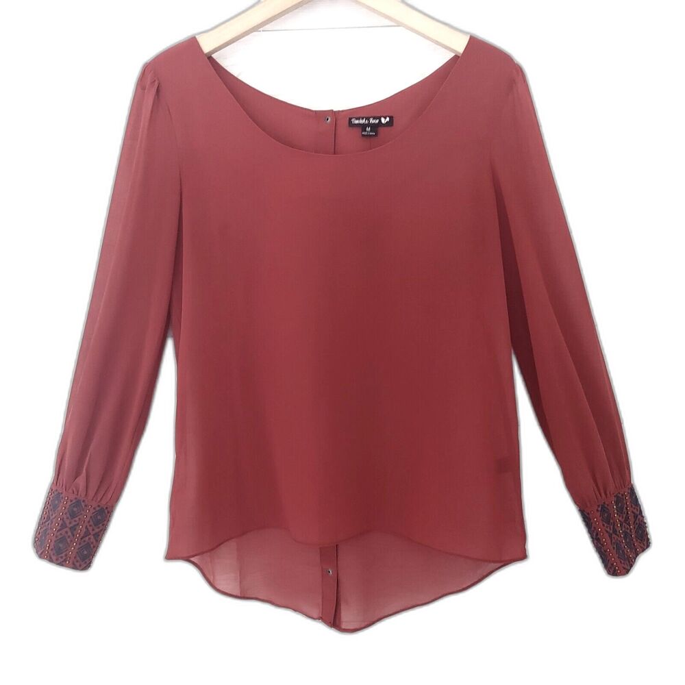 Y2k Double Zero Red Blouse Medium Long Sleeve Emroidered Semi Sheer